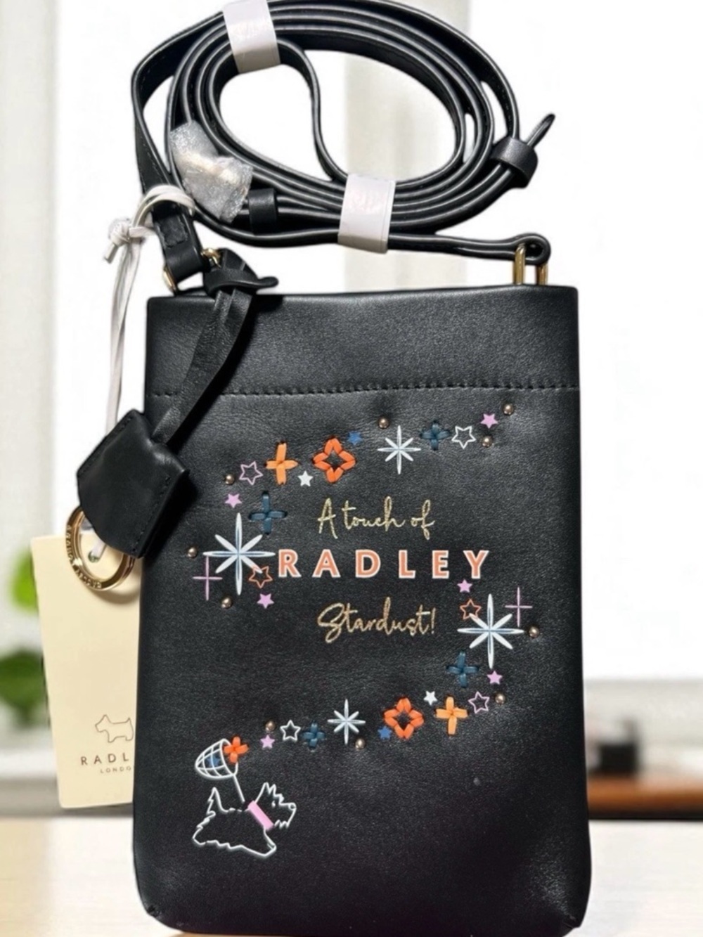 NWT Radley London Stardust Black Leather Mini Crossbody Phone Bag Scottie Dog